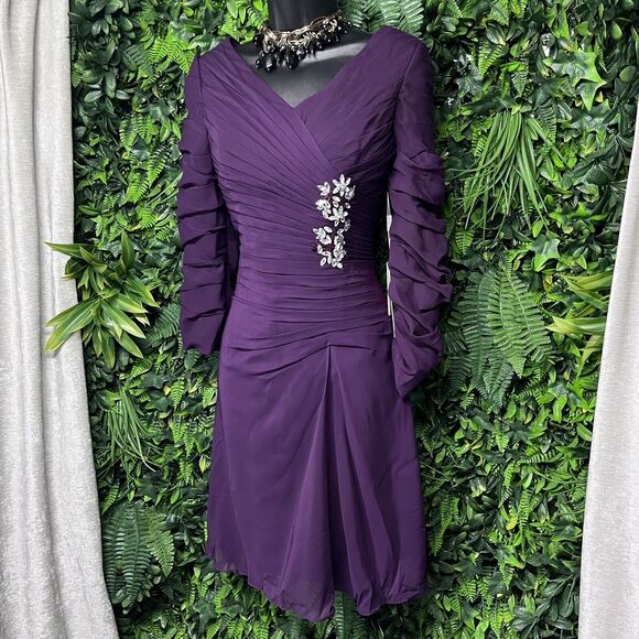 JJ's House Women Dress 6 Purple Formal Short Pleated Stoned Wedding 1658 - Picture 2 of 14